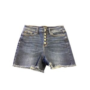 Judy Blue Womens Denim High Rise Button Fly Frayed Hem Shorts Size L Dark Wash